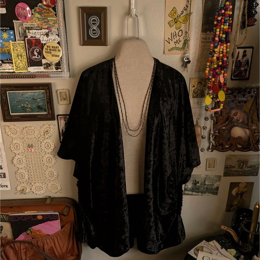 Crushed Velvet Kimono Cardigan Women's One Size Black